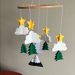 Handmade Nursery Mobile with Yellow Stars, White Clouds, Green Trees